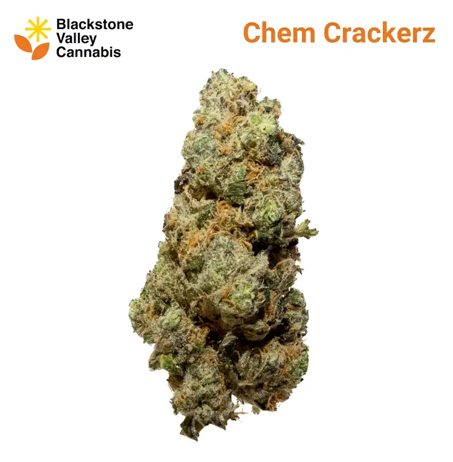 Single green cannabis bud with orange hairs under the Blackstone Valley Cannabis logo and the label Chem Crackerz.