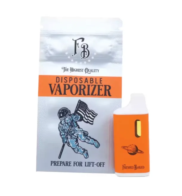 Freshly Baked OG Kush Disposable Vape 1g: an orange all-in-one vape with the Freshly Baked logo, beside its silver Disposable Vaporizer pouch.