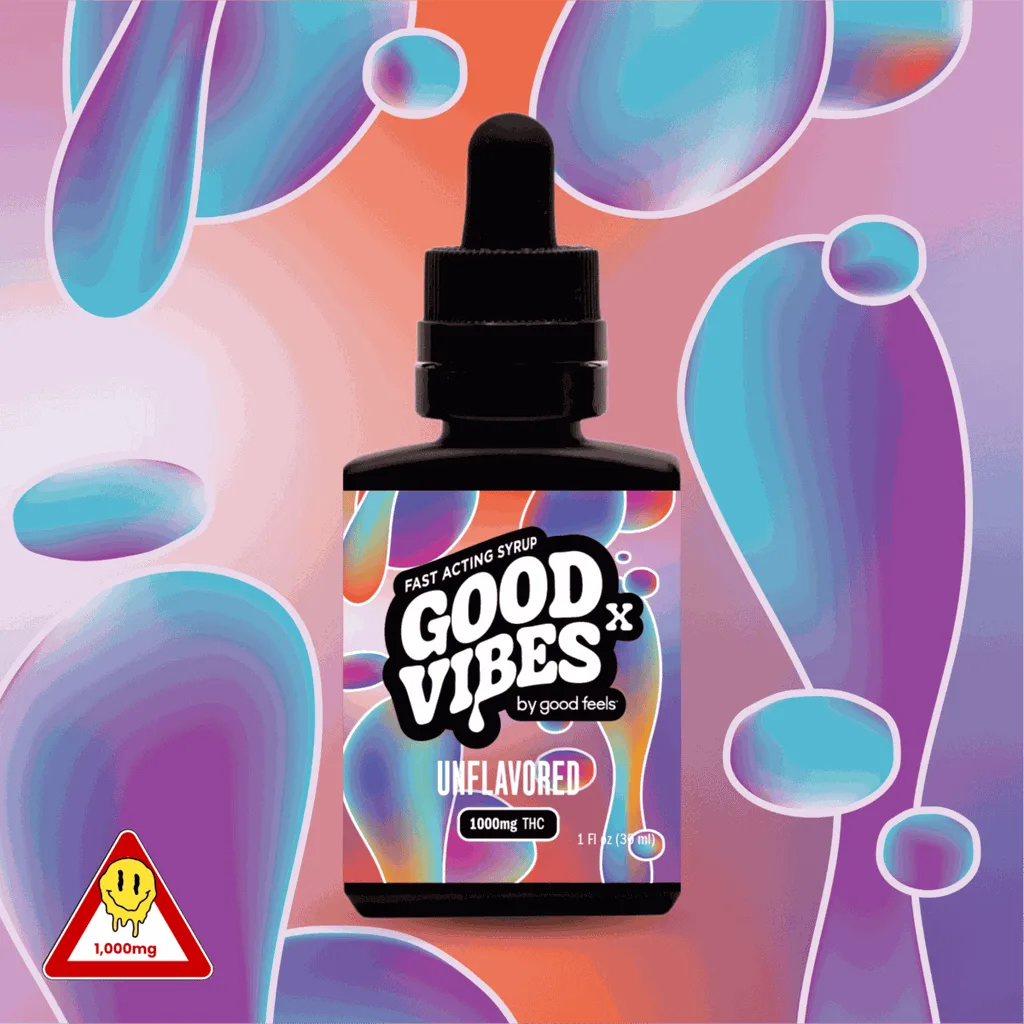 Black Good Vibes by Good Feels unflavored syrup dropper bottle, labeled 500mg, on a pink and blue abstract background. (2)