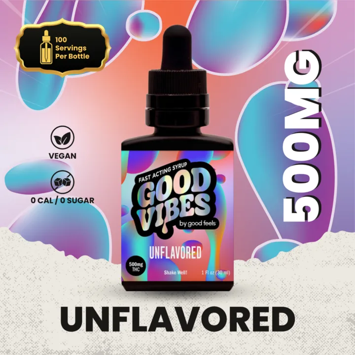 Black Good Vibes by Good Feels unflavored syrup dropper bottle, labeled 500mg, on a pink and blue abstract background.