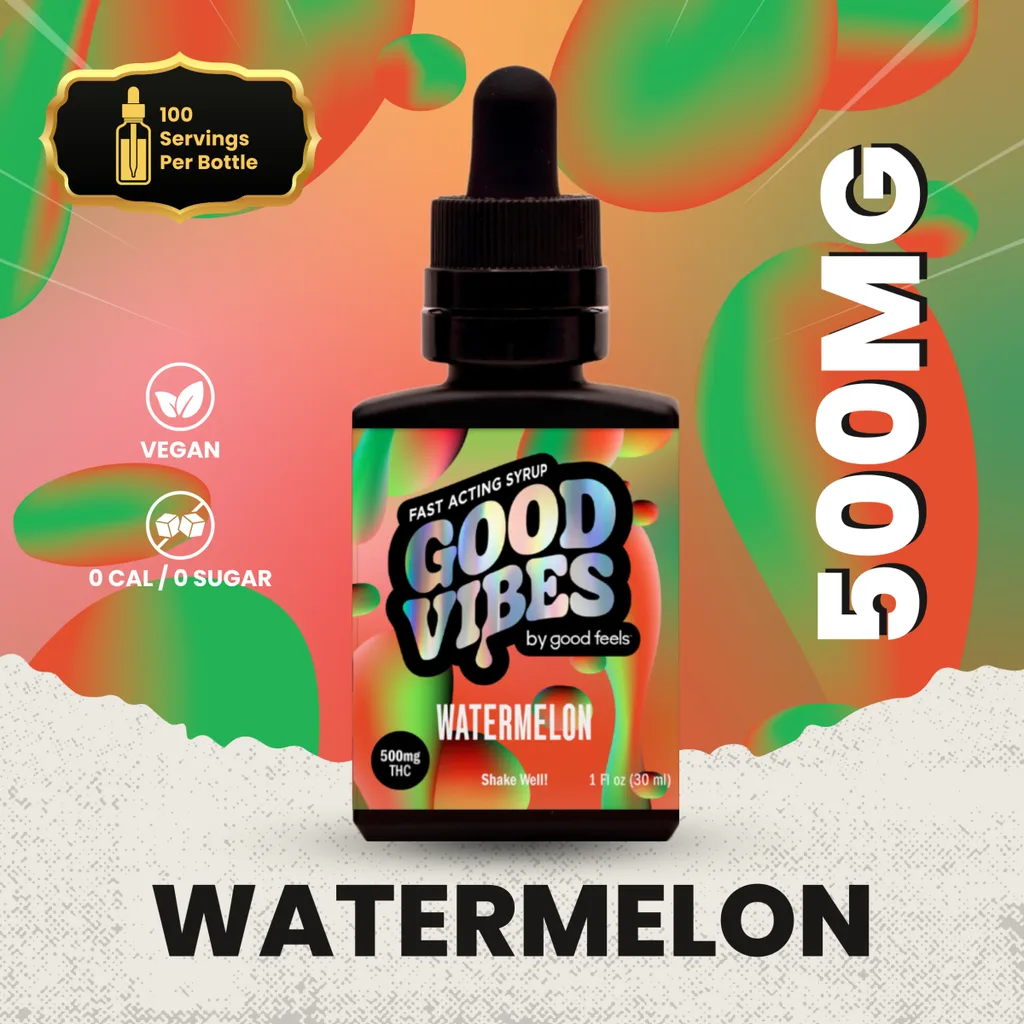 Black Good Vibes by Good Feels watermelon syrup dropper bottle labeled 500mg, on a red and green abstract background.